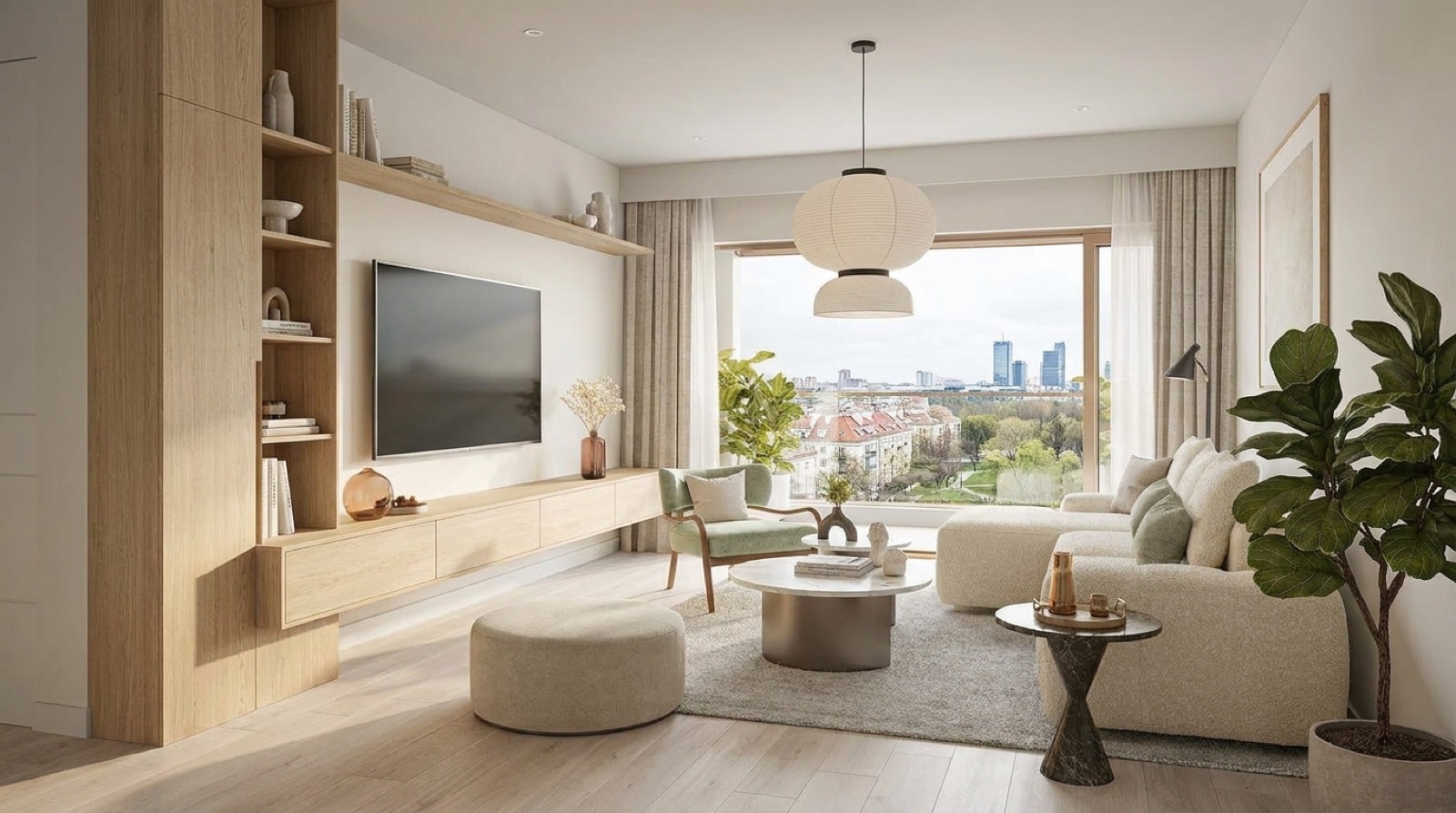 A sunlit living room interior rendered as a 360 scene